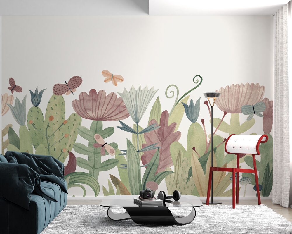 Living room with a colorful botanical mural wallpaper feature wall behind a teal sofa
